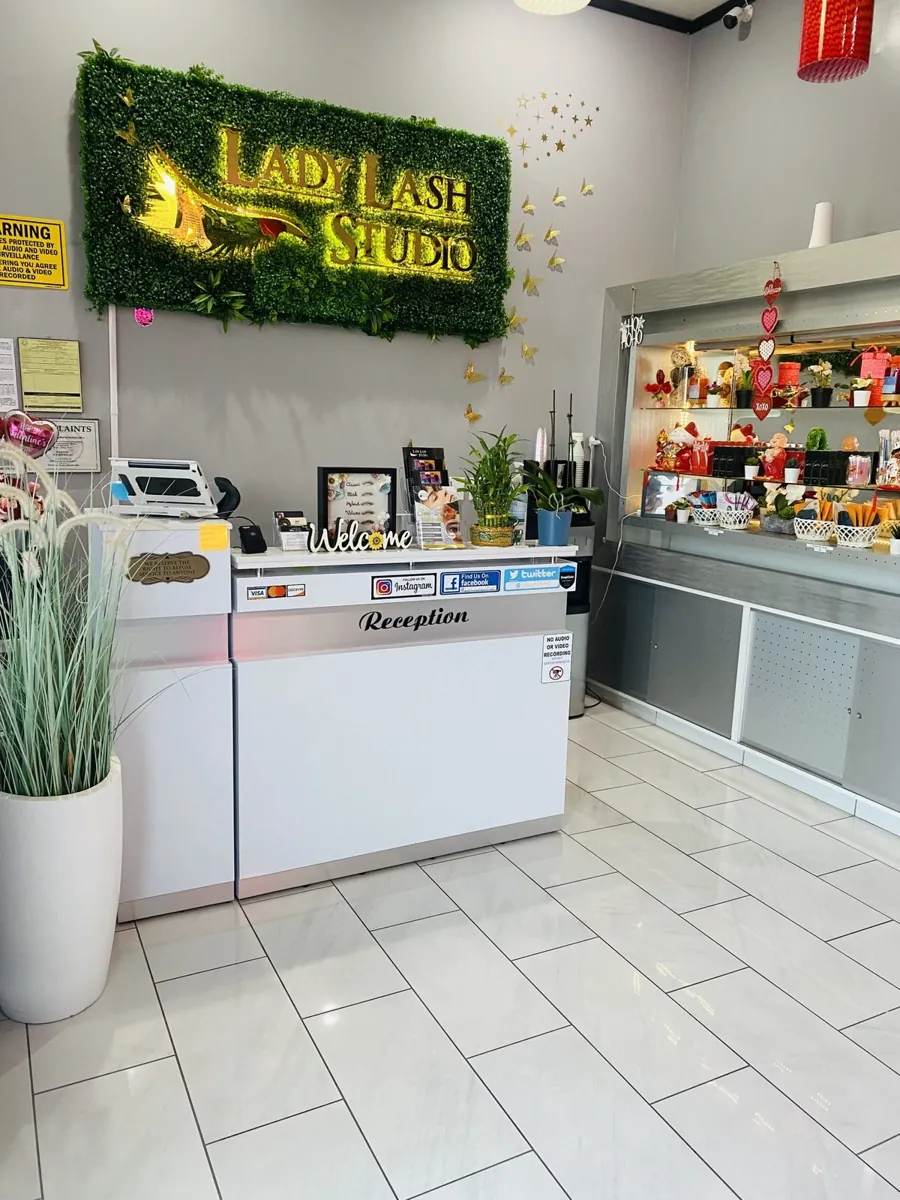 Reception desk at Lady Lash Studio in Sugar Land, TX
