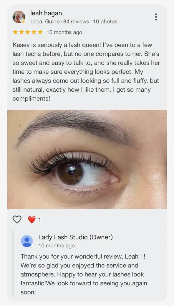 5-star Google review for Lady Lash Studio Sugar Land