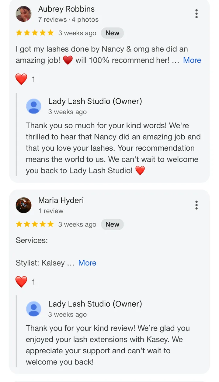 5-star Google review for Lady Lash Studio Sugar Land