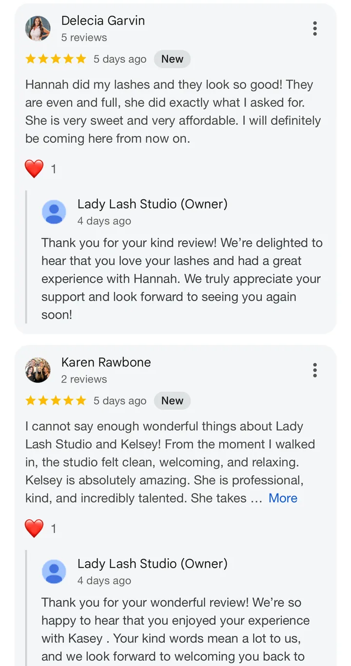 5-star Google review for Lady Lash Studio Sugar Land