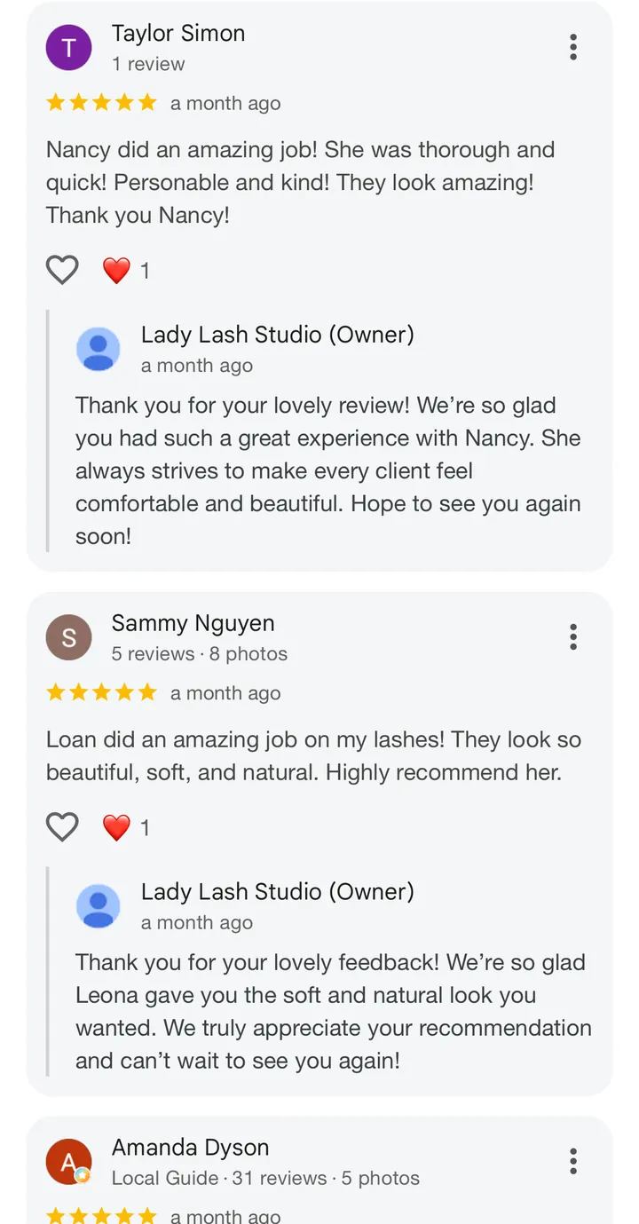 5-star Google review for Lady Lash Studio Sugar Land