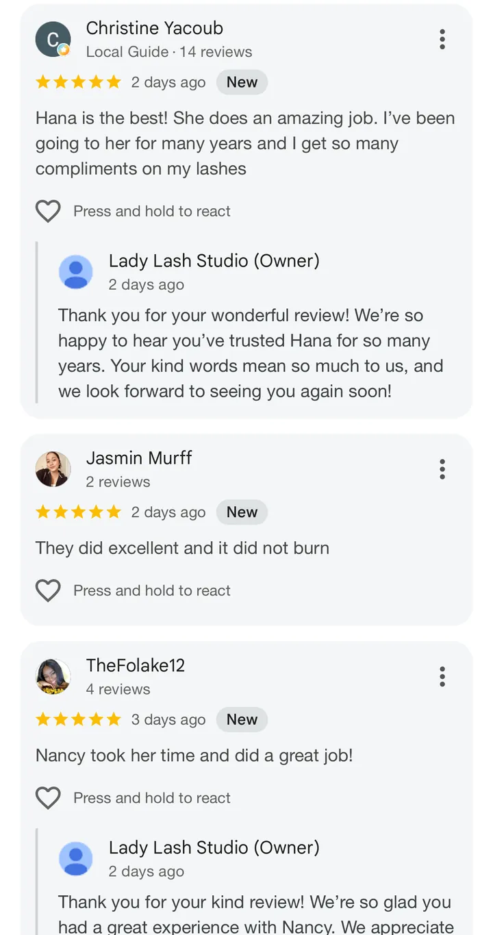 5-star Google review for Lady Lash Studio Sugar Land