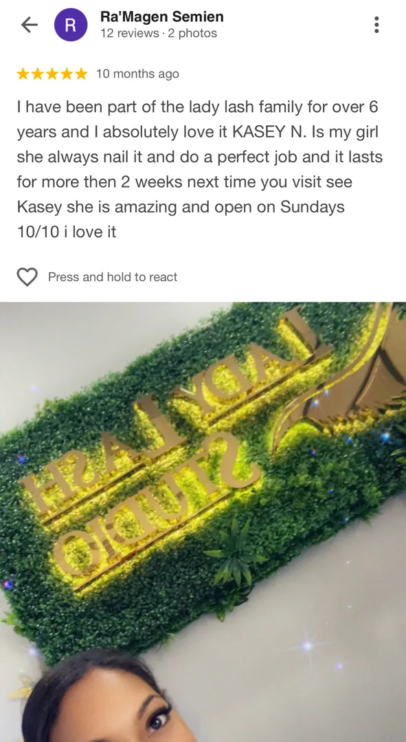 5-star Google review for Lady Lash Studio Sugar Land