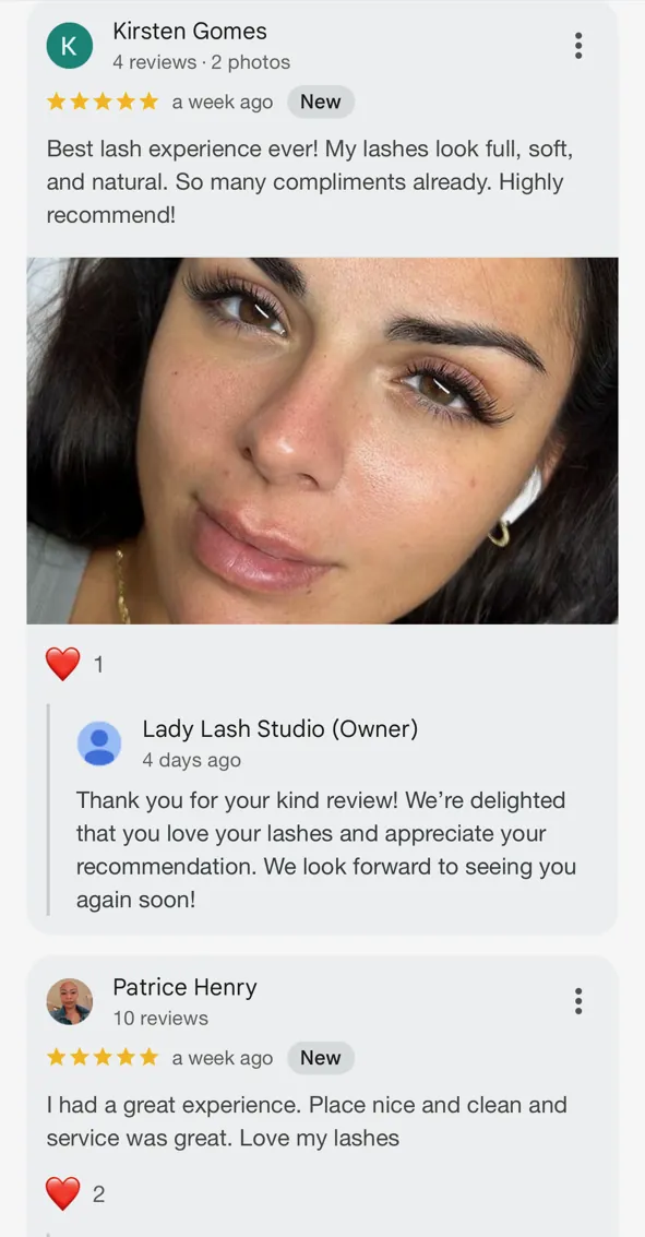 5-star Google review for Lady Lash Studio Sugar Land