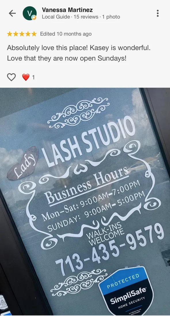 5-star Google review for Lady Lash Studio Sugar Land