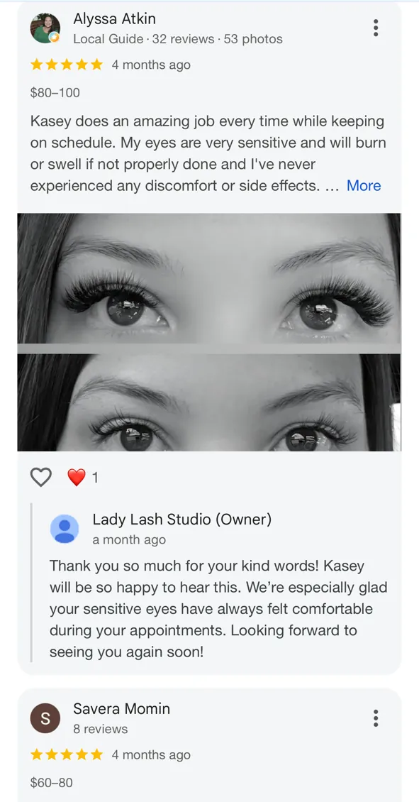 5-star Google review for Lady Lash Studio Sugar Land