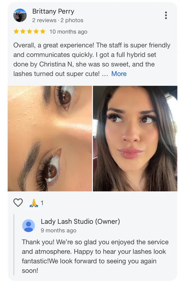 5-star Google review for Lady Lash Studio Sugar Land