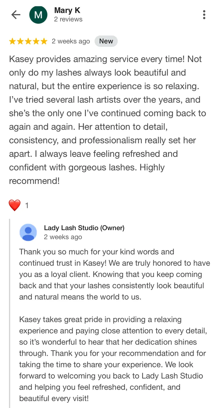 5-star Google review for Lady Lash Studio Sugar Land