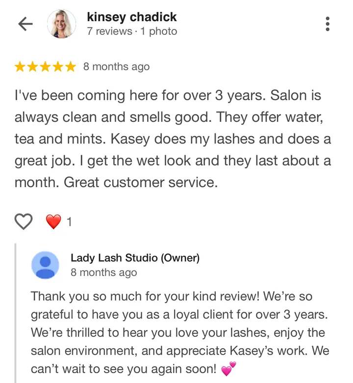 5-star Google review for Lady Lash Studio Sugar Land